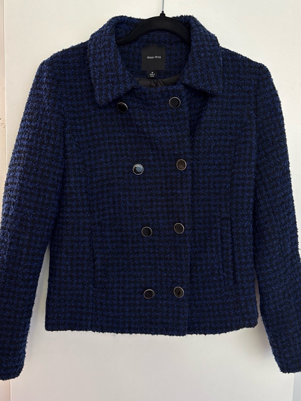 Miss Love Blue Black Bouclé Tweed Double Breasted Pea Coat Size M